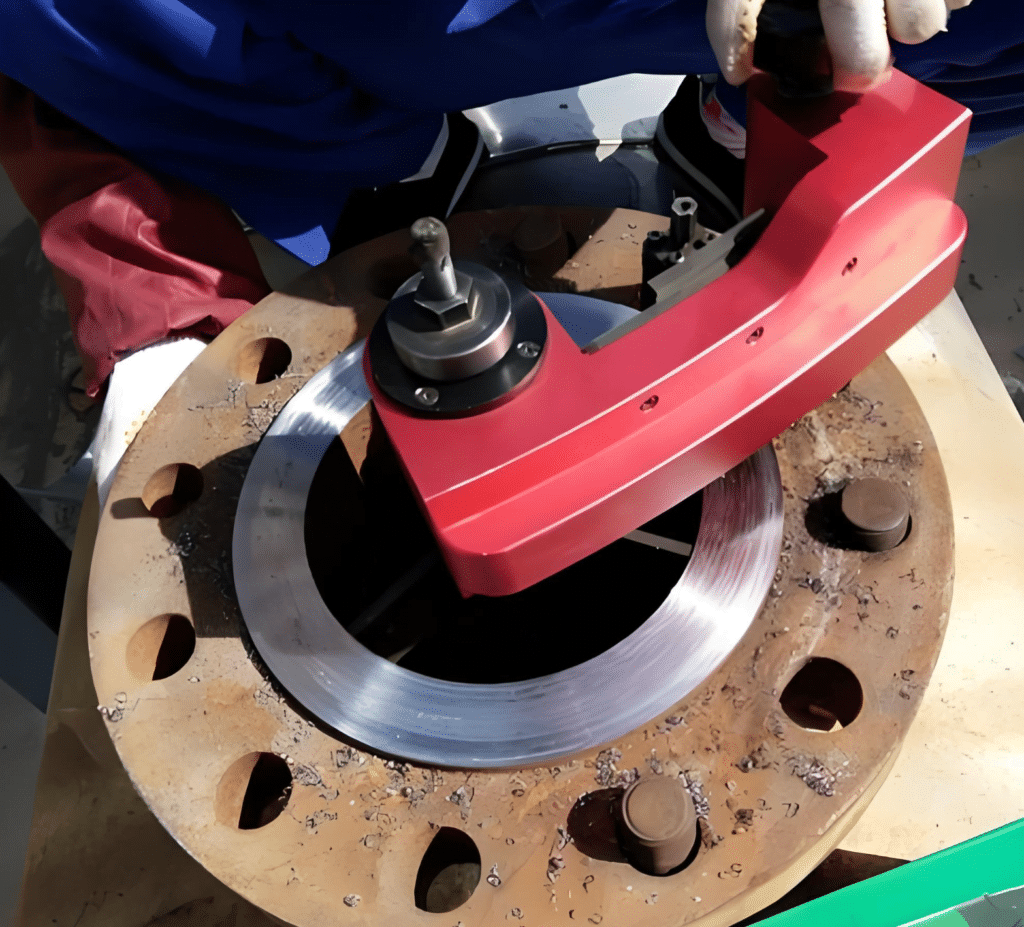 A worker is polishing the rusty flange