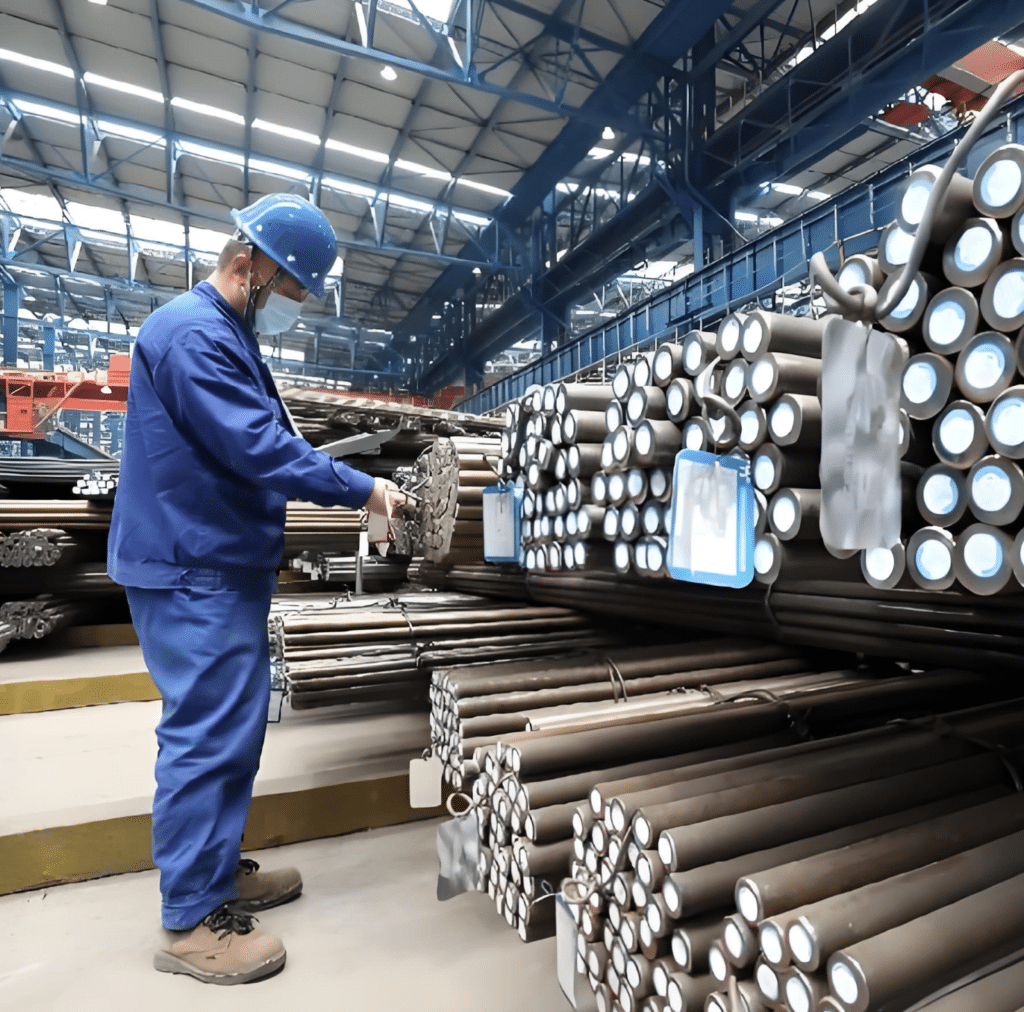 A worker is checking the quality of steel