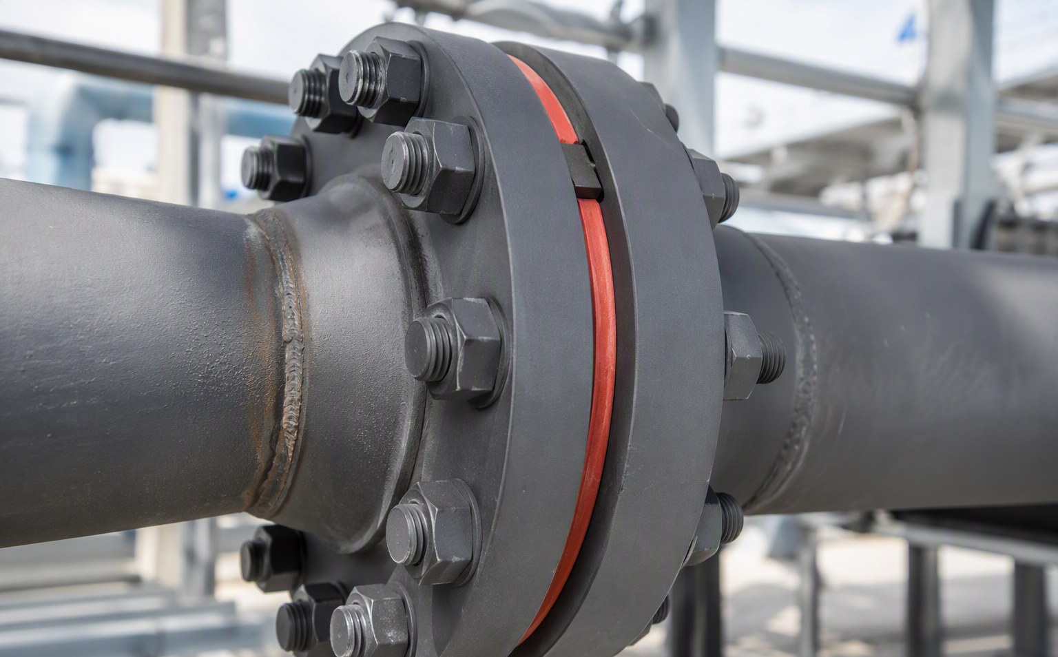 A bolted flange joint with a silicone gasket between the faces